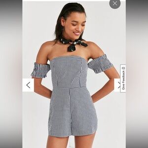 🛍️ 3/$25 Urban Outfitters Smocked Gingham Romper Kimchi Blue Off-The-Shoulder